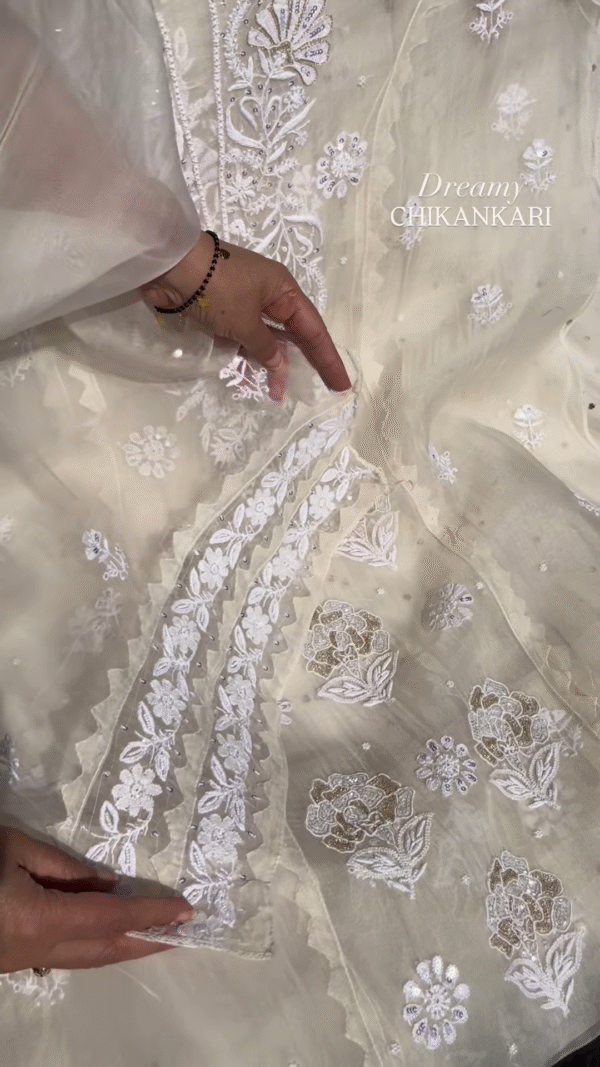 Off-White Silver Zari Chikankari Unstitched Suit Set