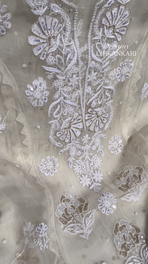 Off-White Silver Zari Chikankari Unstitched Suit Set - Image 4
