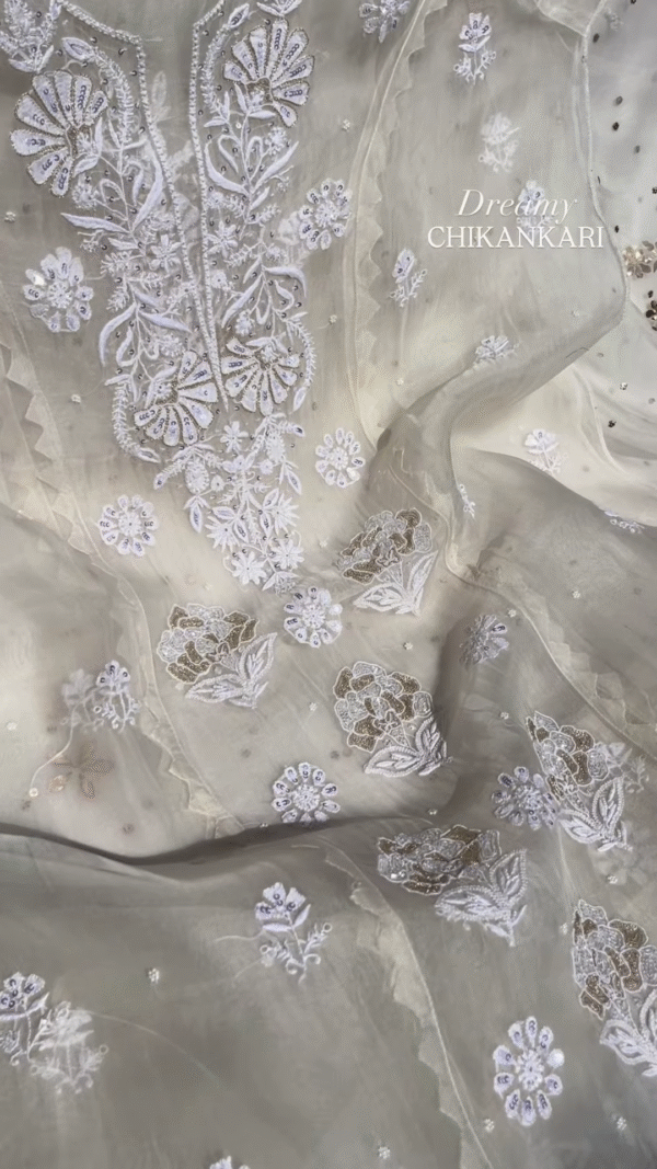 Off-White Silver Zari Chikankari Unstitched Suit Set - Image 3