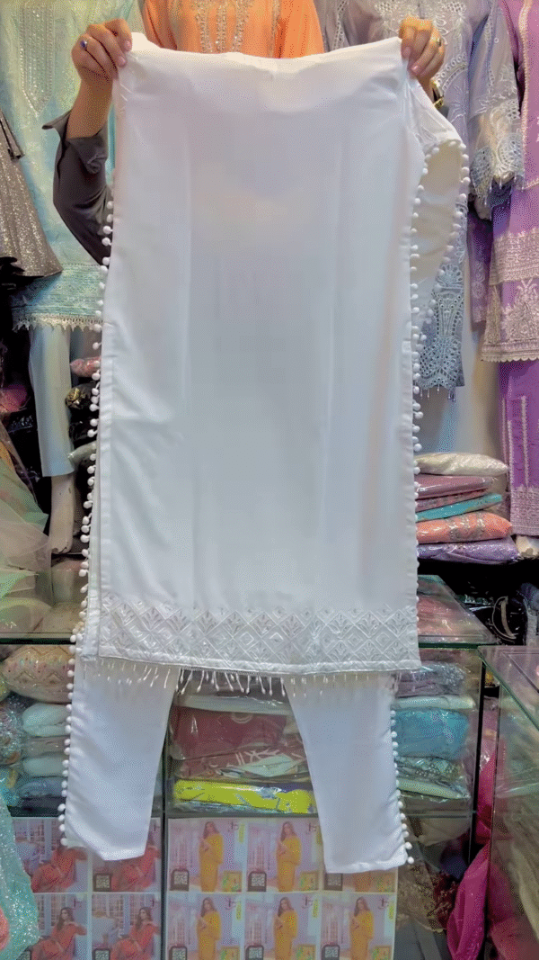 Elegant White Chikankari Kurta Set with Bead Embellishments - Image 2