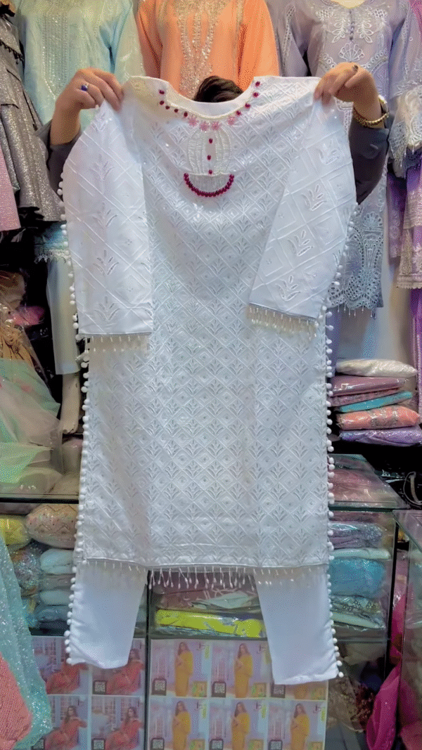 Elegant White Chikankari Kurta Set with Bead Embellishments