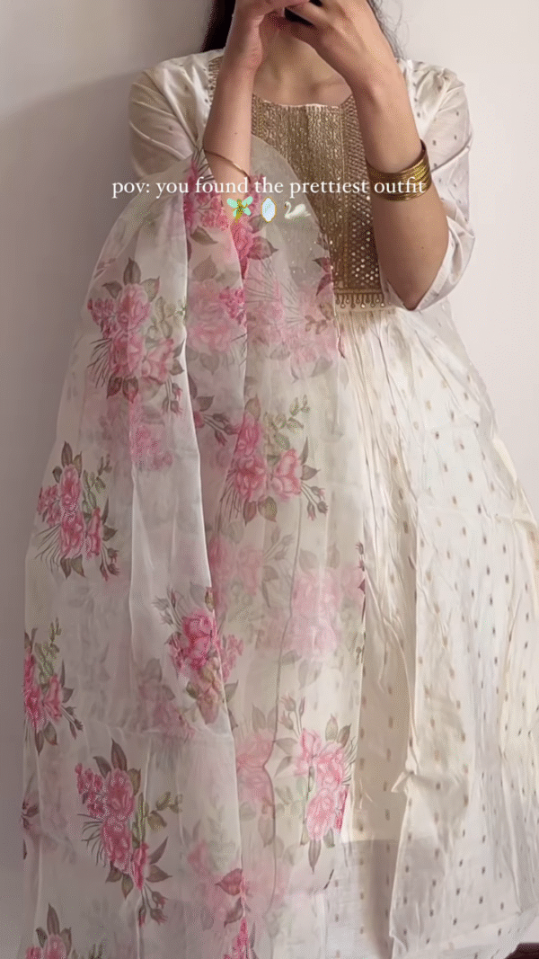Ethereal White & Gold Anarkali with Floral Dupatta - Image 2