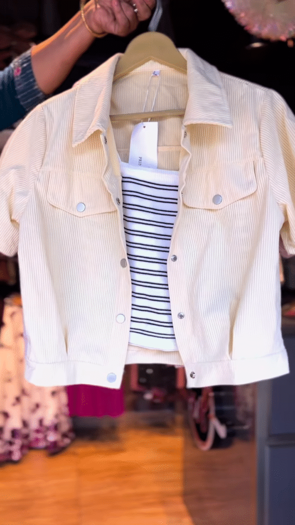 Beige Corduroy Crop Jacket with Black & White Striped Inner Top – Casual Chic Set