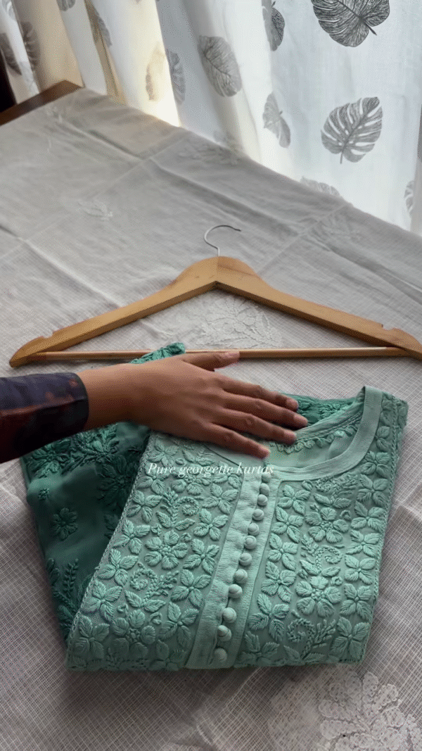 Aqua Green Pure Georgette Embroidered Kurta - Image 3