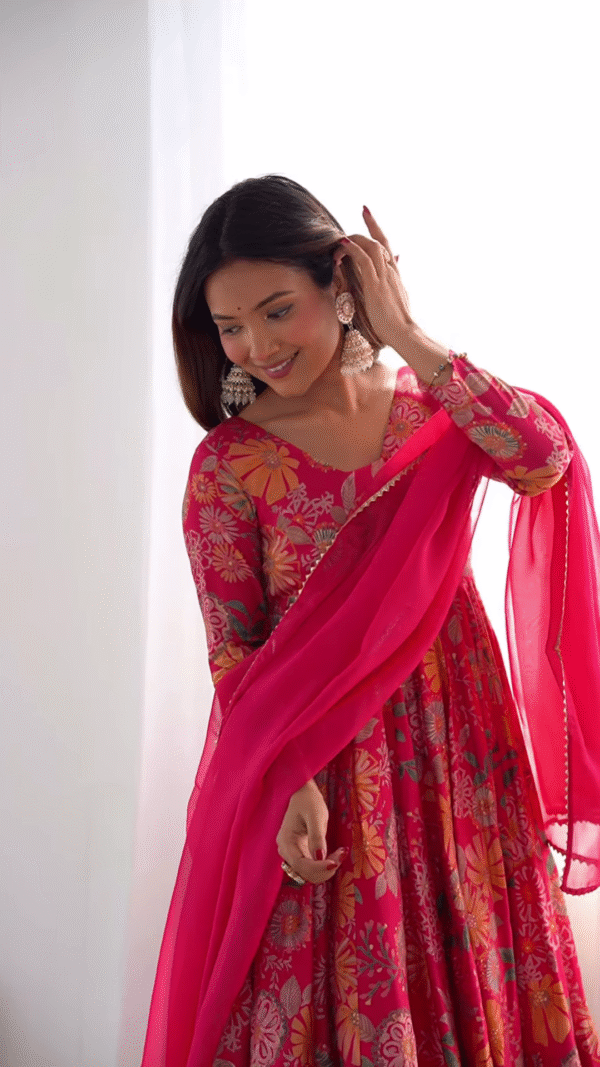 Vibrant Pink Floral Anarkali Suit – A Fusion of Elegance & Grace - Image 3