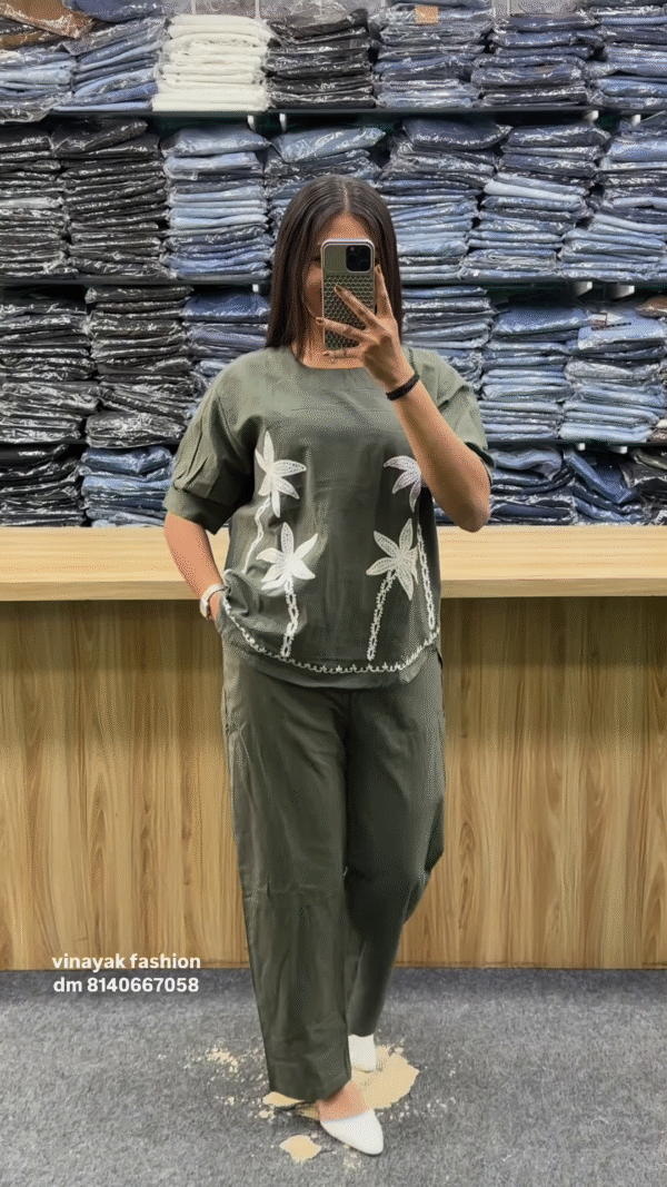 Olive Green Floral Embroidered Co-Ord Set - Image 2