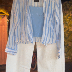 Effortless Striped Shirt & White Trousers Co-ord Set - Chic Women's Casual Wear