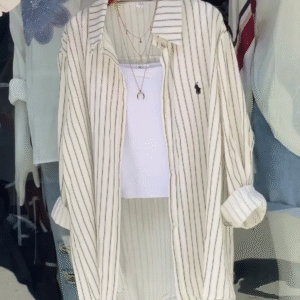 Women’s Statement Layered Streetwear Ensemble – Floral Print Shirt, Bold Sleeve Tee & Striped Button-Up