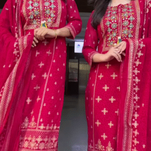 Couple’s Coordinated Red Embroidered Kurta Set with Dupattas – Festive Ethnic Portrait Ensemble