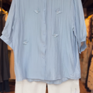 Women’s Pearl-Collar Blue Floral Blouse with White Shorts – Elegant Summer Co-Ord Casualwear