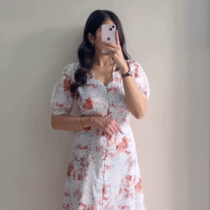 Women’s White Short-Sleeve Dress with Red & Blue Floral Prints