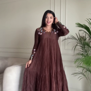 Women’s Brown Floral Embroidered Maxi Dress with Pleated Skirt – Elegant Indo-Western Casualwear