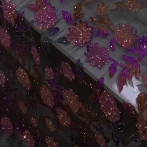 Luxury Sheer Fabric with Glitter Floral Embroidery – Purple-Pink Bloom Motif on Transparent Base for Occasionwear Draping & Tailoring