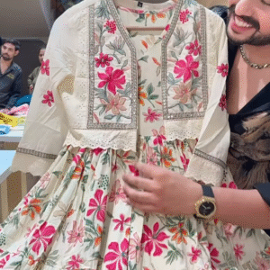 Women’s Cream Floral Embroidered Anarkali Dress with Fitted Bodice & Flared Hem – Vibrant Occasionwear for Ethnic Styling