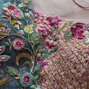 Dual-Toned Embroidered Sheer Fabric Panel with Sequins & Floral Motifs – Pink & Blue Textile for Occasionwear Drapes & Fusion Tailoring