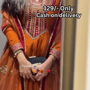 Women’s Orange Embroidered Kurti with Gold & Red Threadwork – Festive Ethnicwear Styled with Black Clutch Accessory