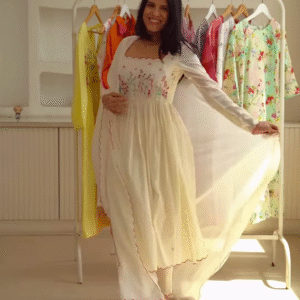 Women’s White Floral Embroidered Long Dress with Scalloped Neckline & Hem – Boutique Ethnicwear with Flowing Silhouette