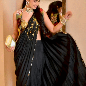 Women’s Black Saree with Gold Embellishments & Pleated Draping – Elegant Ethnicwear Styled with Traditional Bracelet