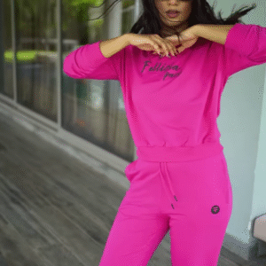 Unisex Bright Pink Tracksuit with Drawstring Joggers & Printed Sweatshirt – Casual Athleisure Set Styled with White Sneakers