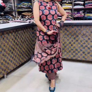 Women’s Sleeveless Black Dress with Red Circular Motifs & Keyhole Neckline – Boutique Ethnicwear Styled with Matching Fabric Accent