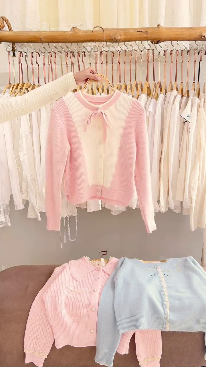 Lace-Trim Floral Embroidered Sweaters & Bow-Collar Buttoned Tops 🧥 Available in Blue & Pink - Image 9
