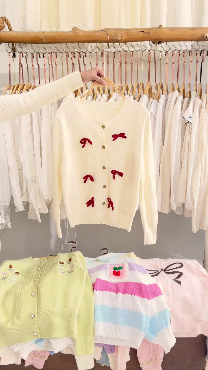 Lace-Trim Floral Embroidered Sweaters & Bow-Collar Buttoned Tops 🧥 Available in Blue & Pink - Image 2