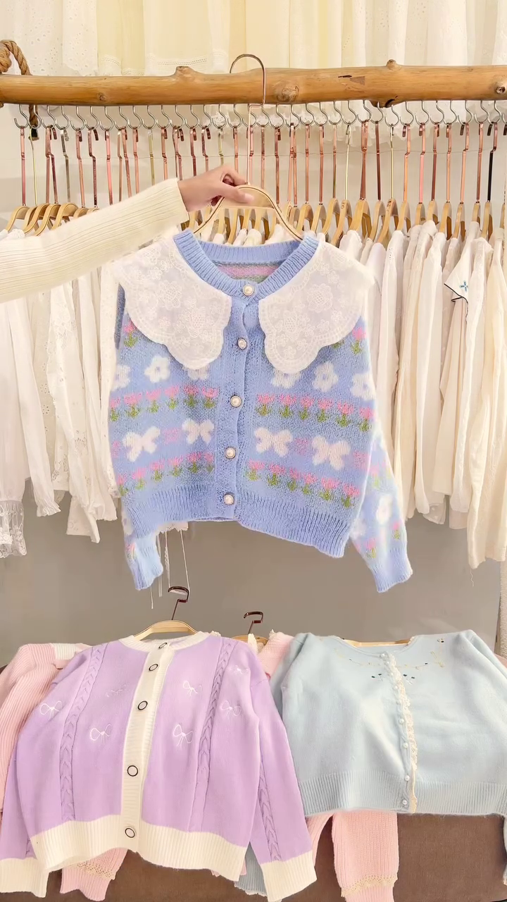 Lace-Trim Floral Embroidered Sweaters & Bow-Collar Buttoned Tops 🧥 Available in Blue & Pink - Image 7