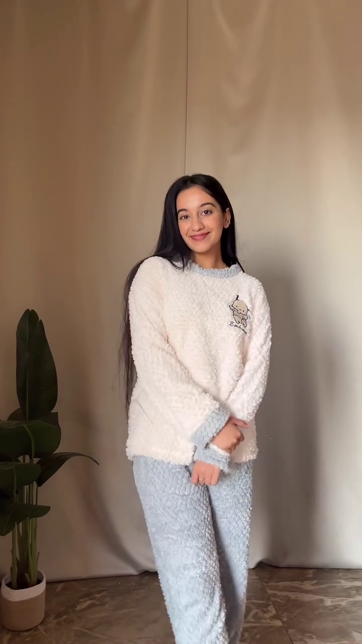 Fluffy Cartoon Co-ord Set ๐พ White Top & Blue Pants โ Ultra Cozy Loungewear - Image 3