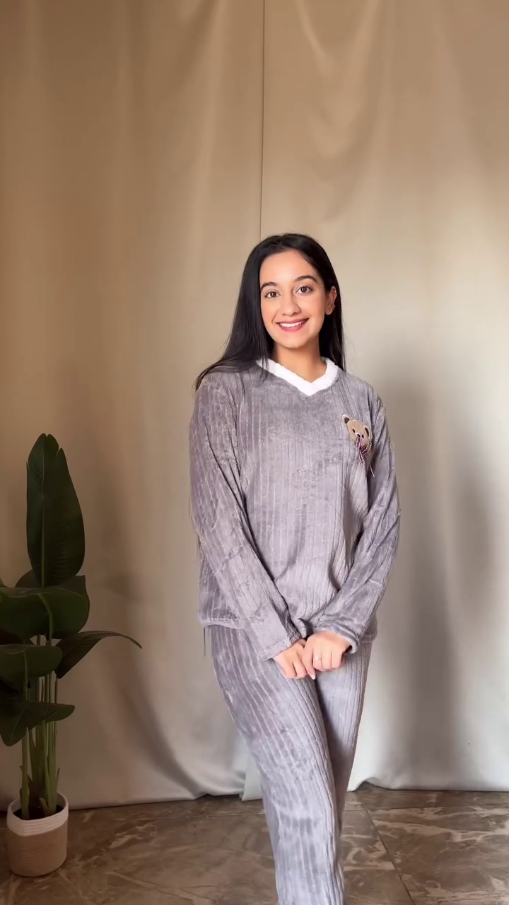 Fluffy Cartoon Co-ord Set ๐พ White Top & Blue Pants โ Ultra Cozy Loungewear