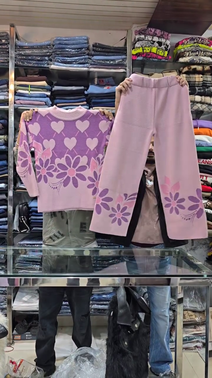 Floral Knit Co-ord Sets 🌸 Heart & Flower Patterns – Purple, Green & Pink Variants - Image 2