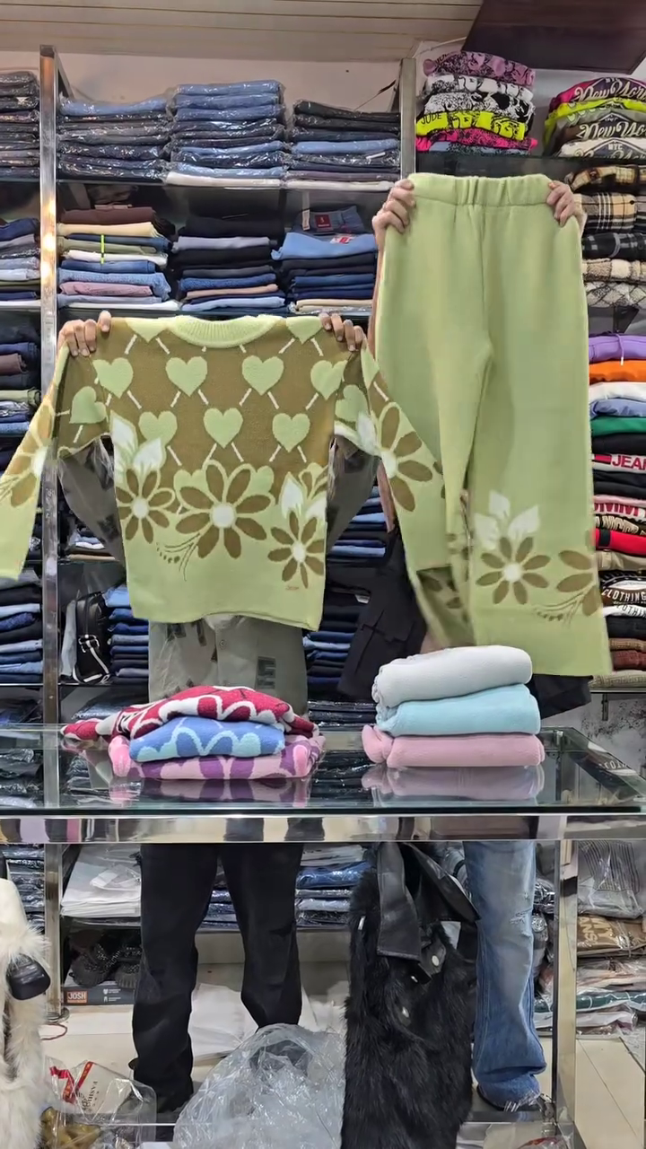 Floral Knit Co-ord Sets 🌸 Heart & Flower Patterns – Purple, Green & Pink Variants