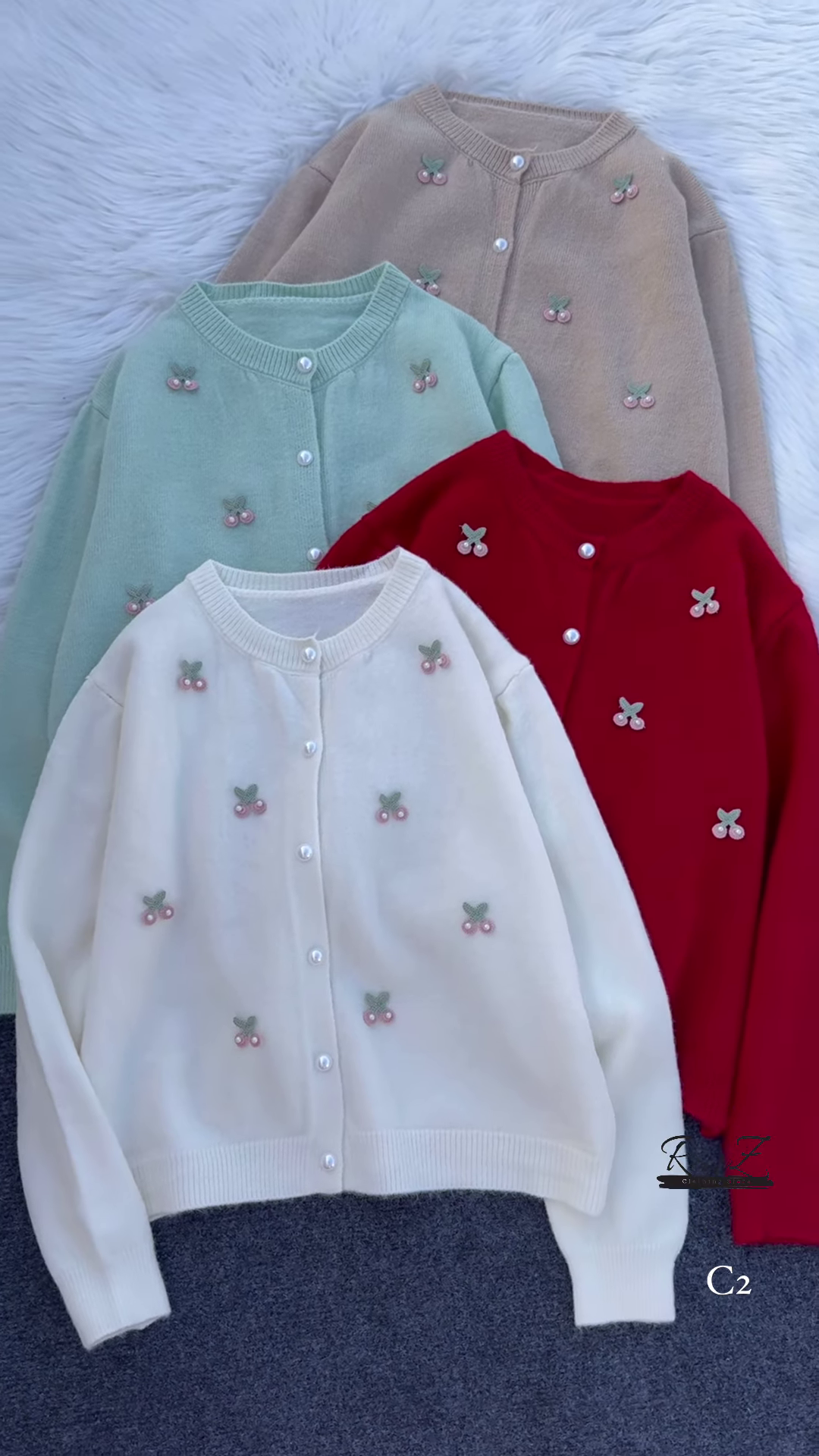 Cherry Embroidered Knit Cardigans 🍒🧶 With Pearl Buttons – Beige, Mint, Red & White Variants - Image 9