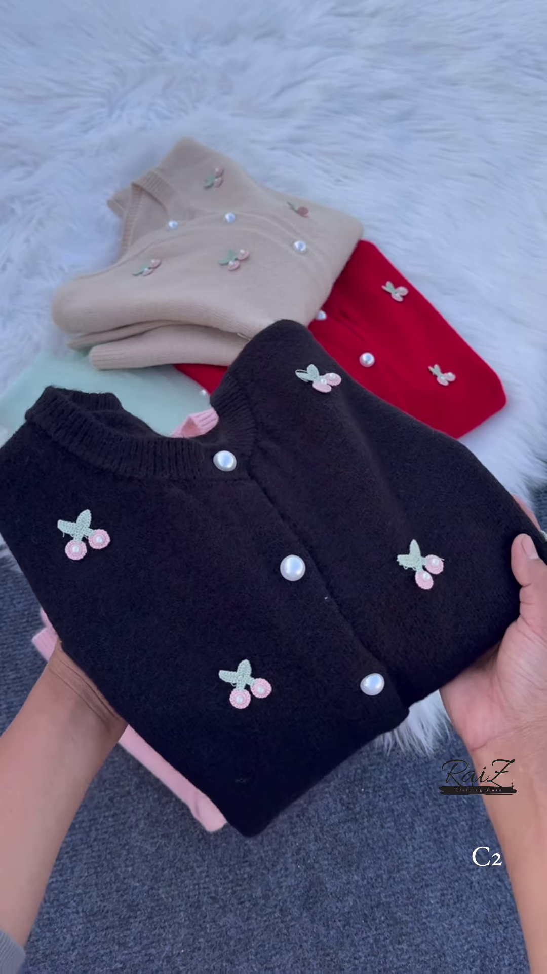 Cherry Embroidered Knit Cardigans 🍒🧶 With Pearl Buttons – Beige, Mint, Red & White Variants - Image 5