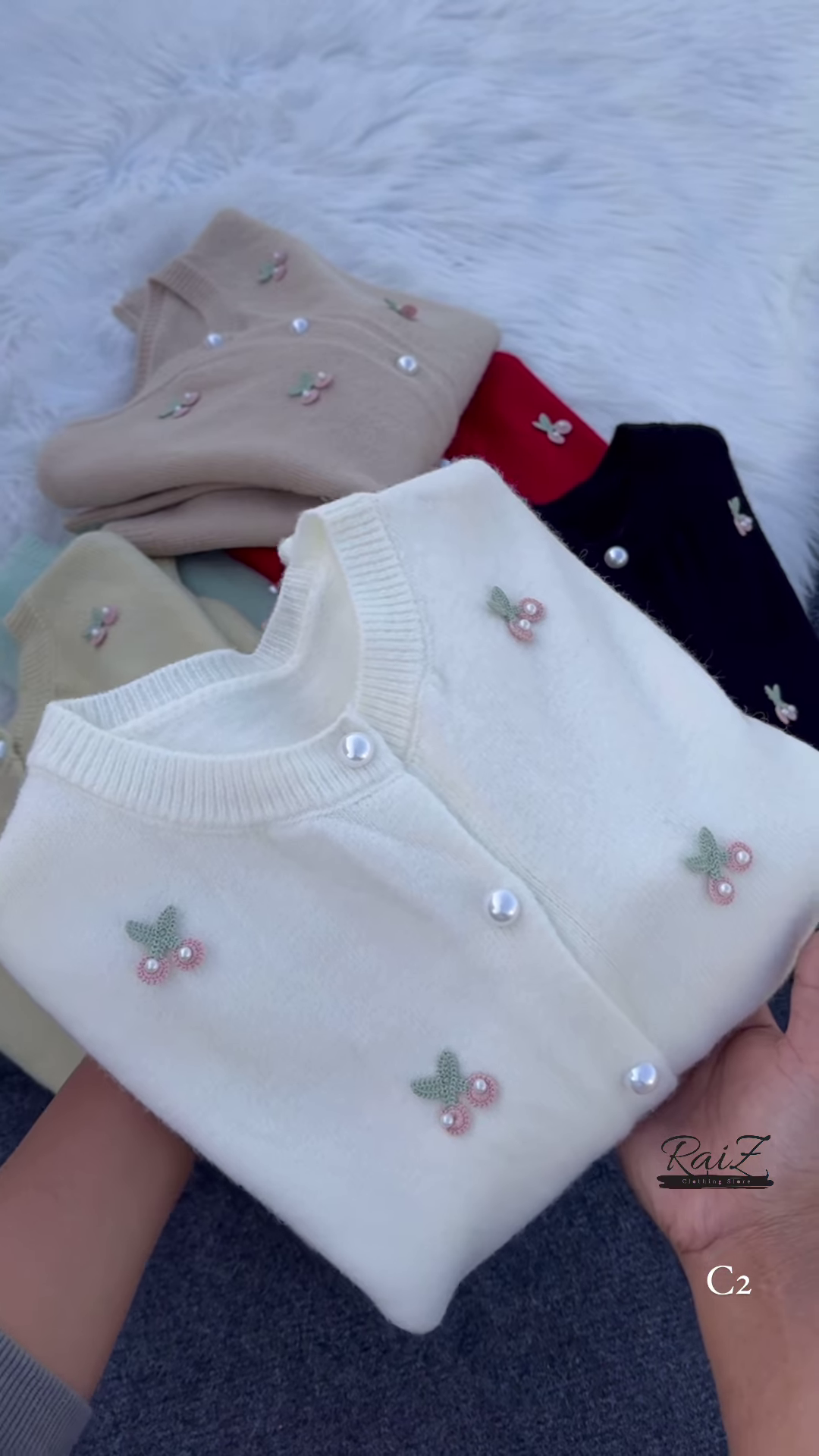 Cherry Embroidered Knit Cardigans 🍒🧶 With Pearl Buttons – Beige, Mint, Red & White Variants - Image 7