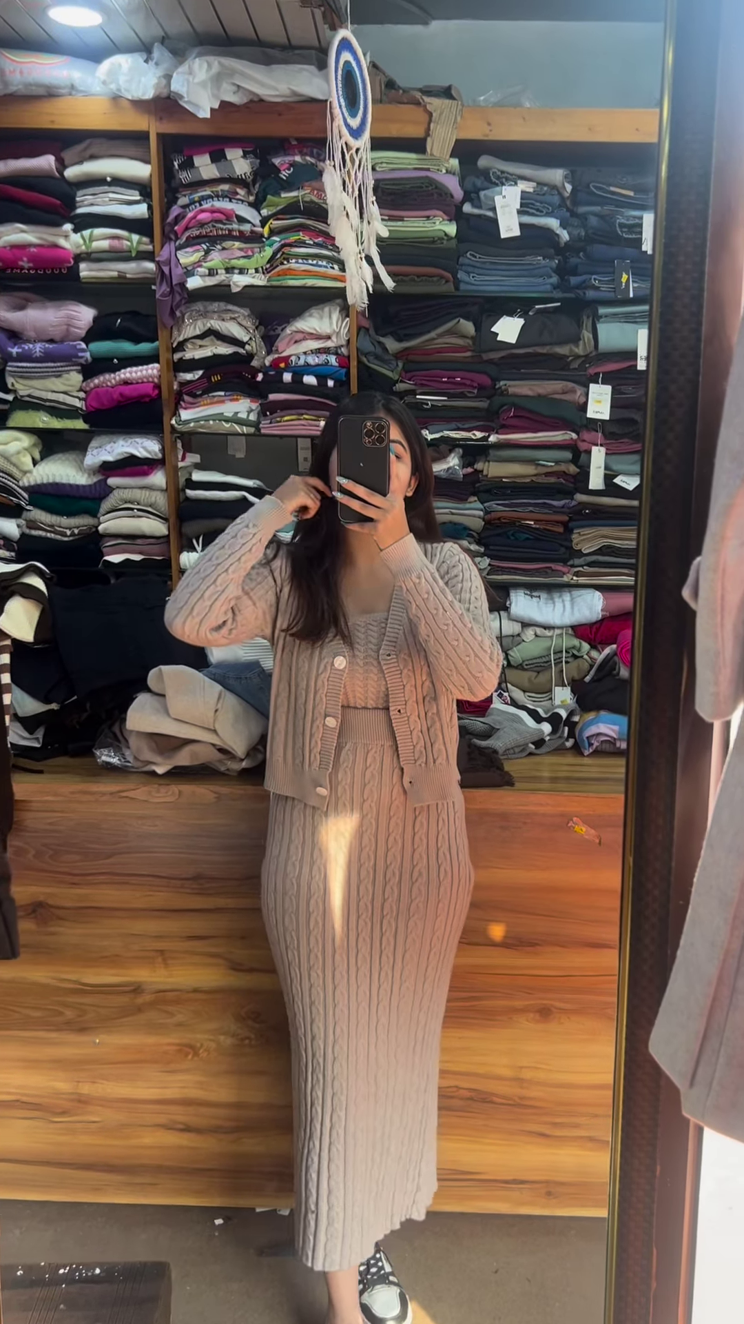 Knitted 3-Piece Co-ord Set 🧶🤍 With Cardigan, Crop Top & Long Skirt – Beige Variant - Image 2