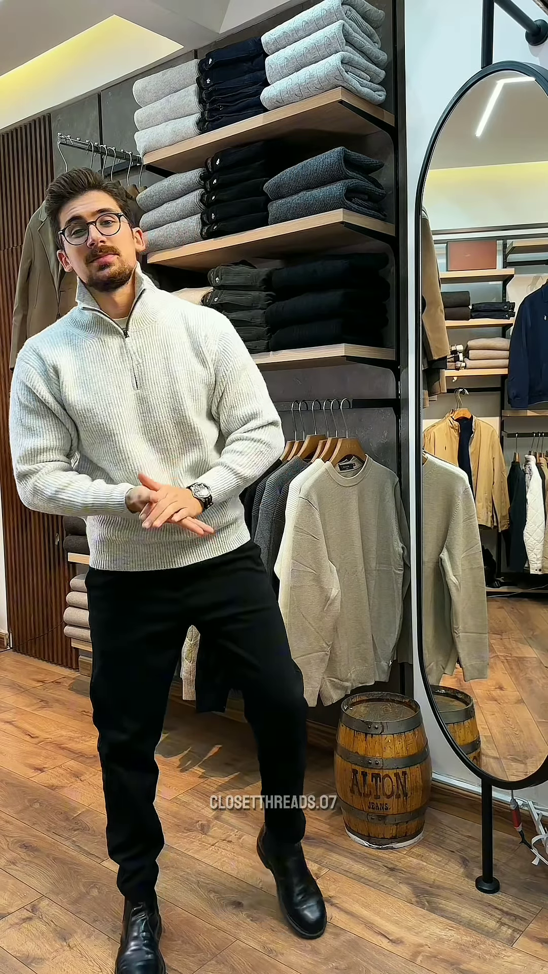 Zip-Up Knit Sweater 🧥🪞 – Soft Grey Layer with Black Pants Styling in Store Visual - Image 2