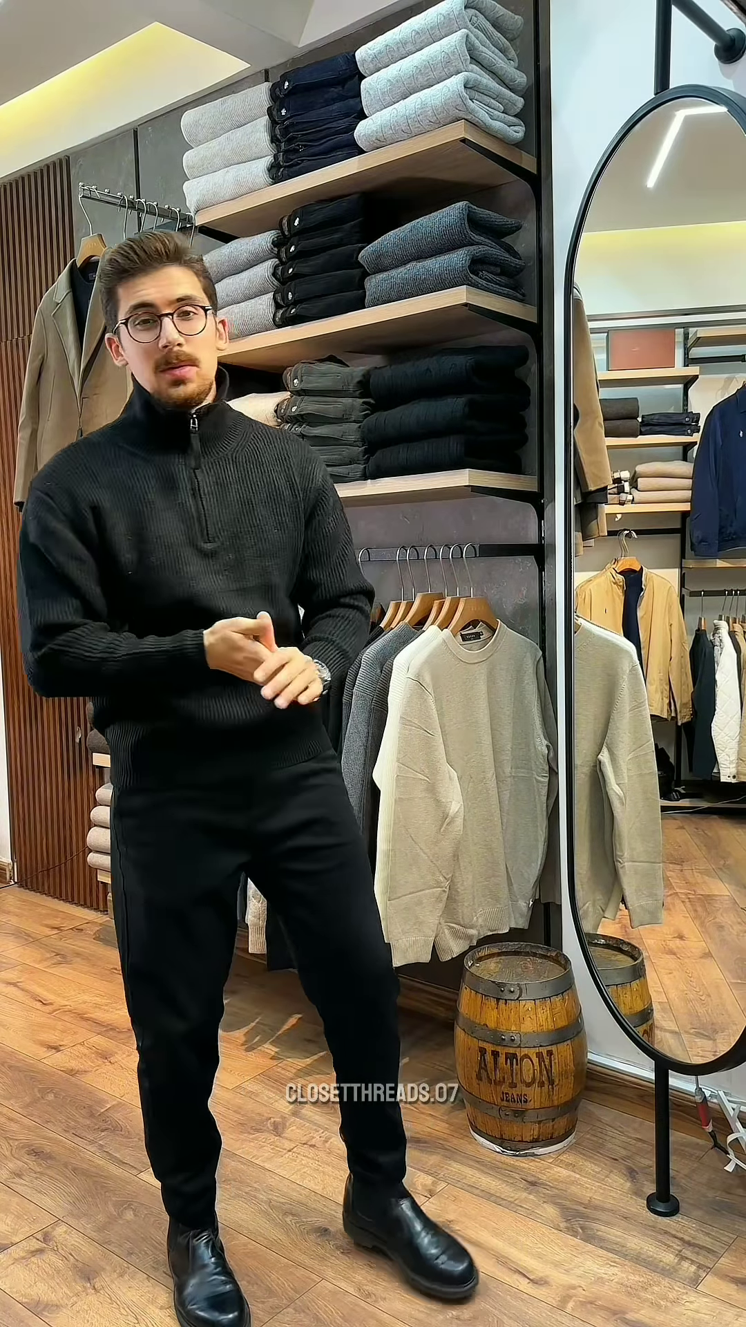 Zip-Up Knit Sweater 🧥🪞 – Soft Grey Layer with Black Pants Styling in Store Visual - Image 3