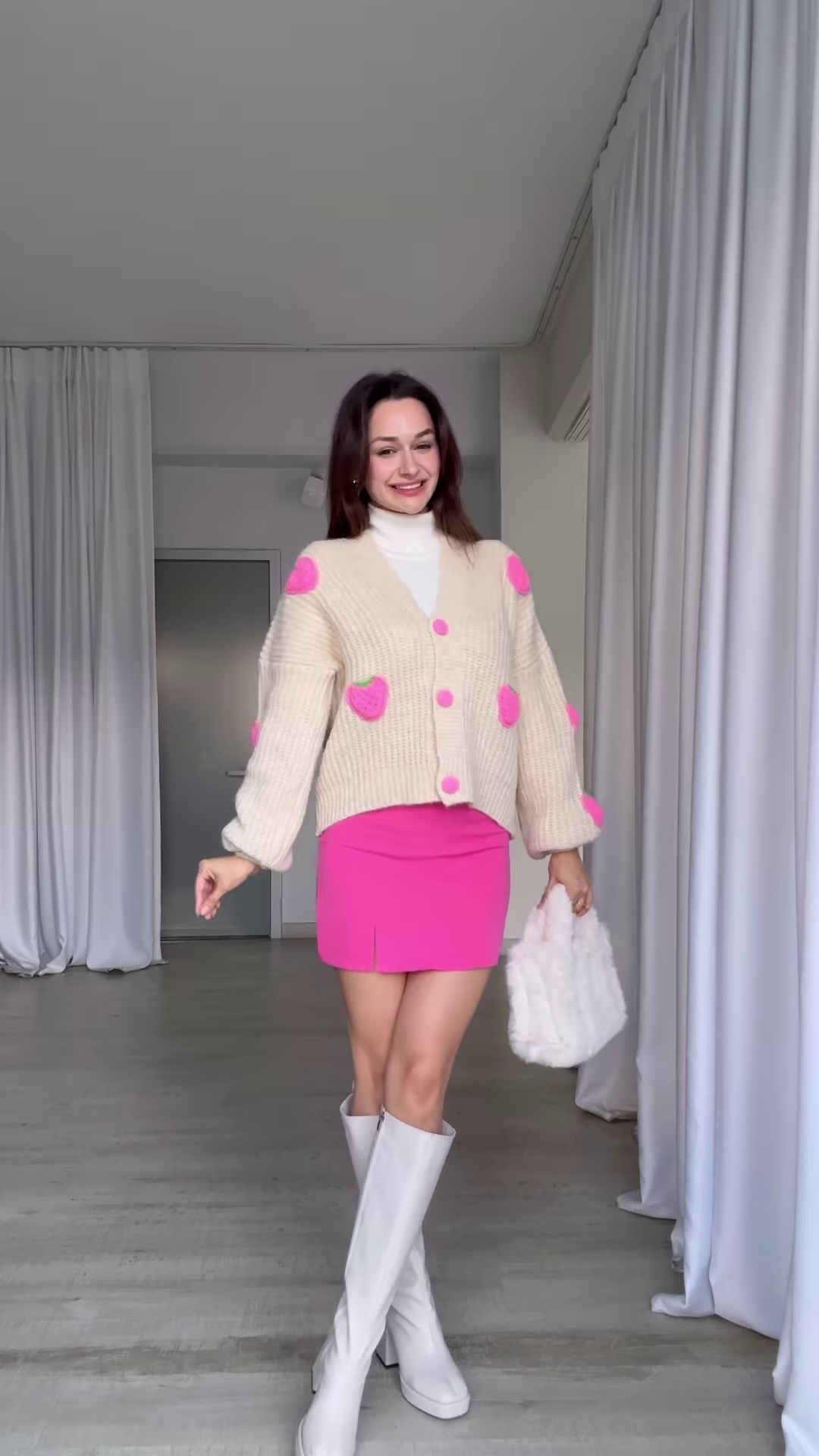 Strawberry-Patch Knit Cardigan ππ§₯ with Pink Buttons β Styled with Turtleneck, Mini Skirt & Boots