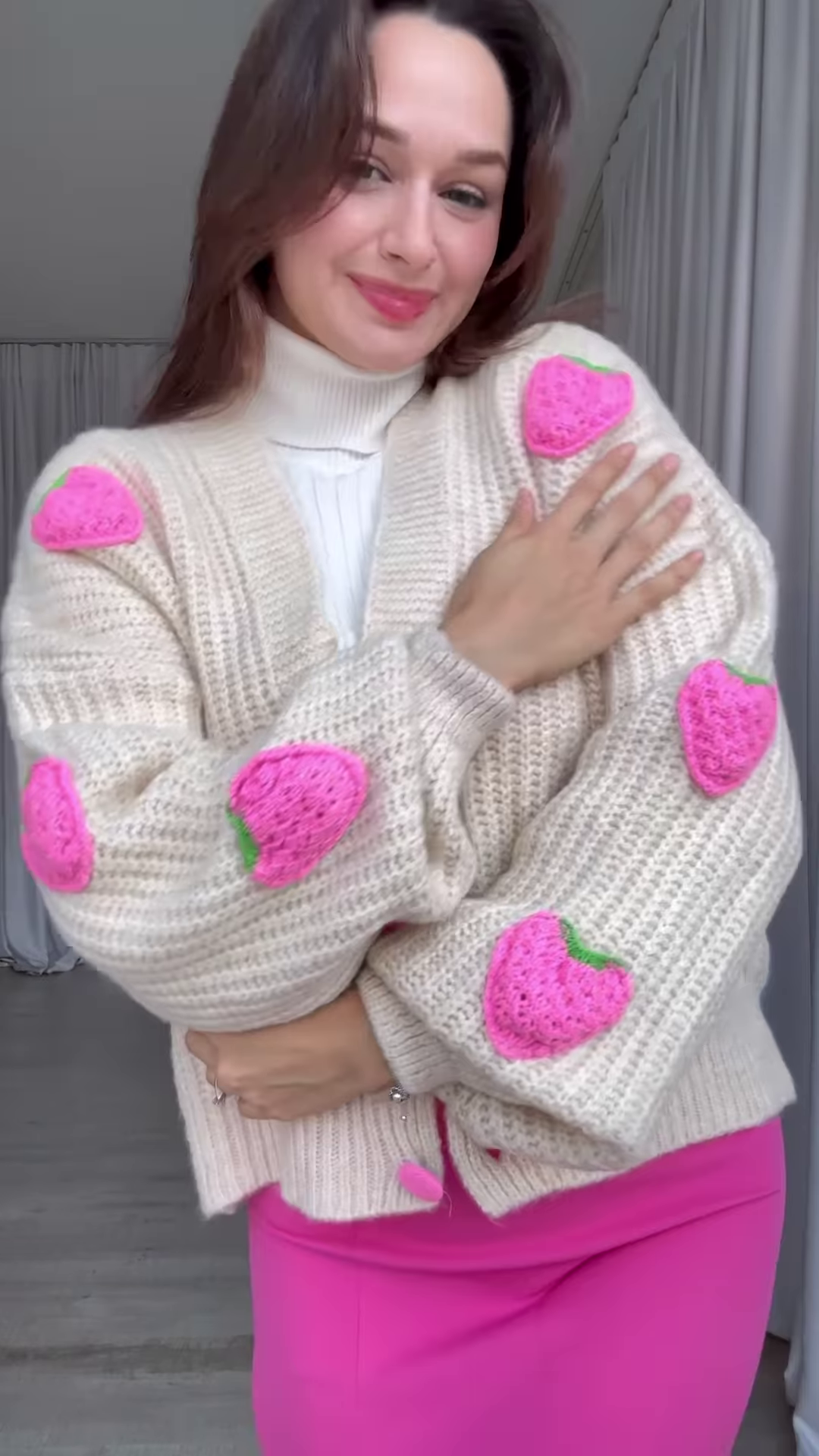 Strawberry-Patch Knit Cardigan ππ§₯ with Pink Buttons β Styled with Turtleneck, Mini Skirt & Boots - Image 3