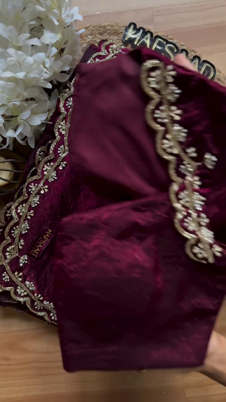 Maroon Vinework Embroidered Silk Ensemble - Image 2