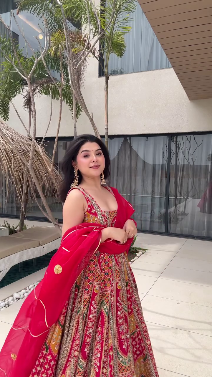 Red Multicolor Printed Anarkali Gown with Dupatta