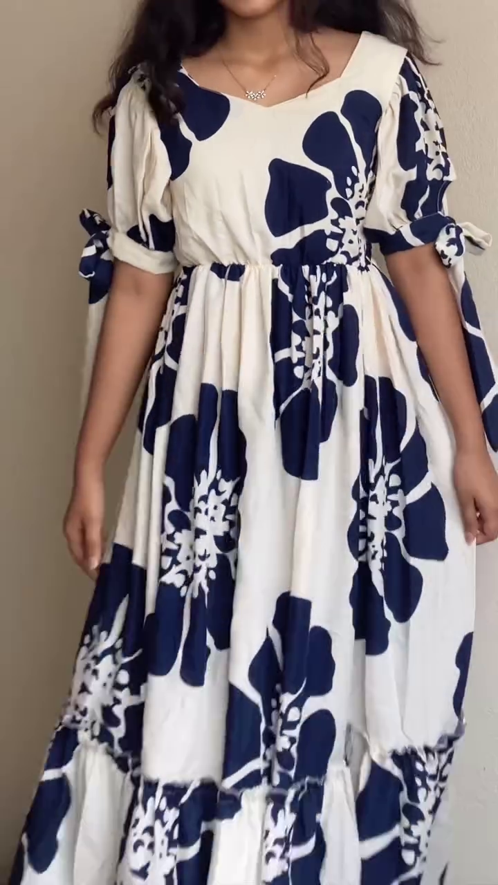 Ivory & Navy Blue Floral Maxi Dress