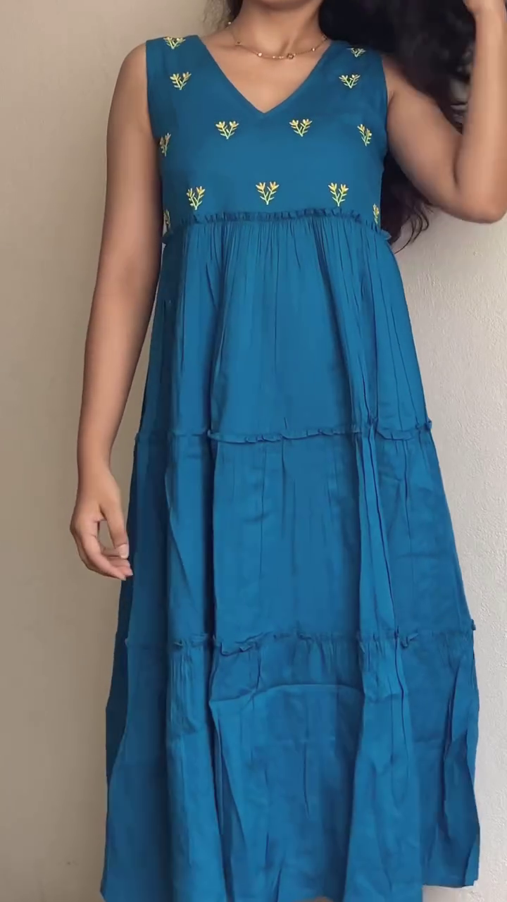 Teal Blue Embroidered Sleeveless Midi Dress