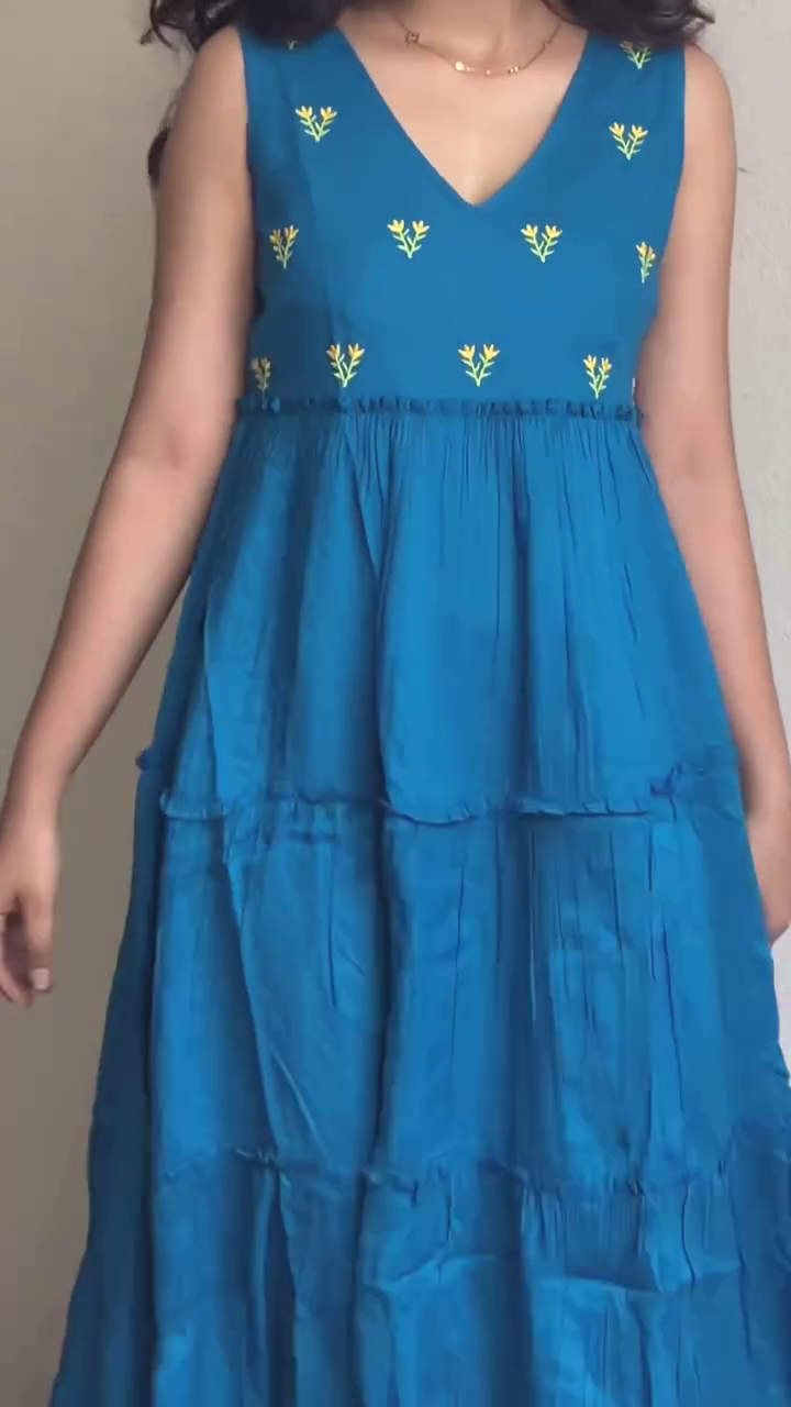 Teal Blue Embroidered Sleeveless Midi Dress - Image 3