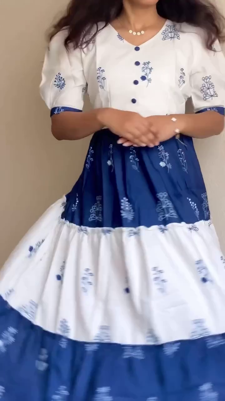 Blue & White Floral Printed Tiered Midi Dress