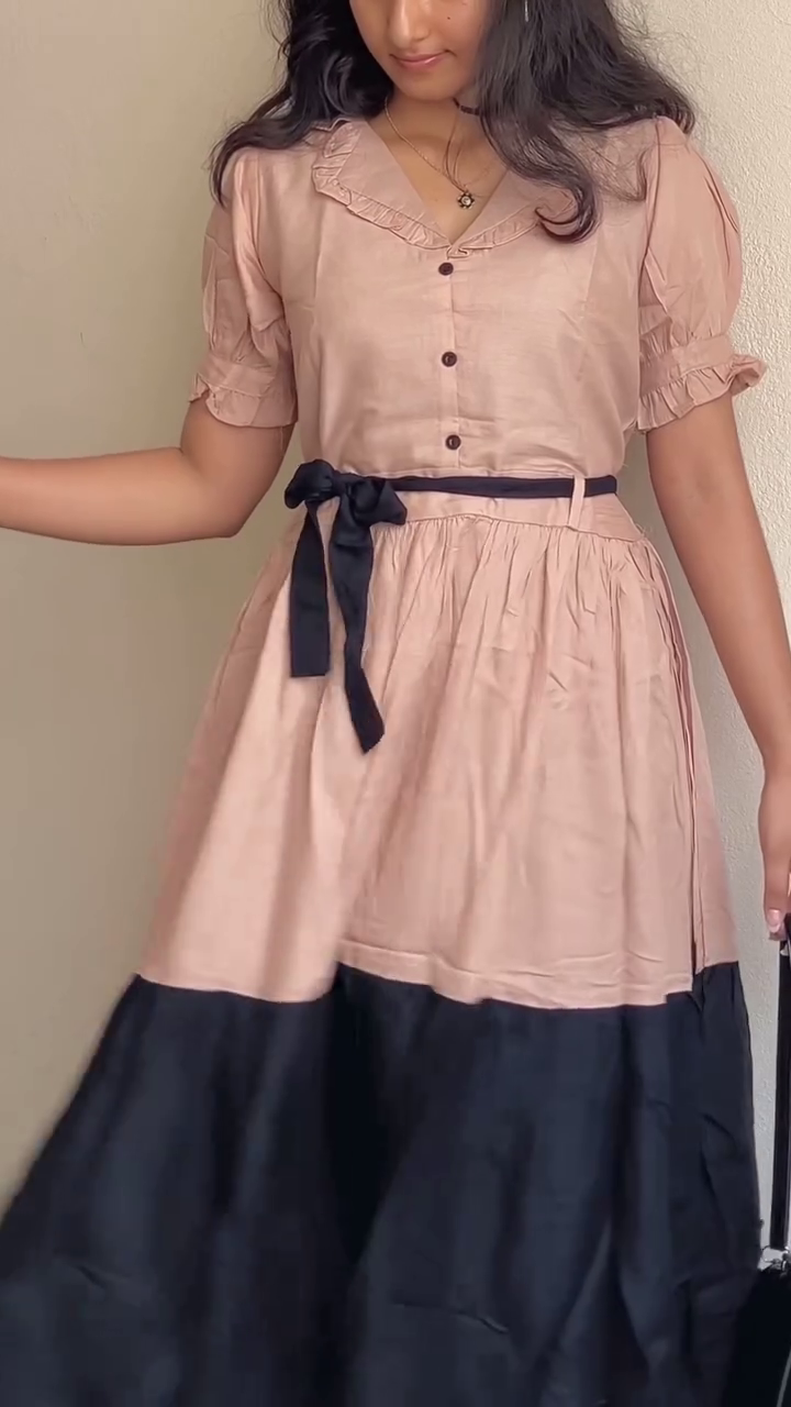 Peach & Black Contrast Belted Midi Dress - Image 2