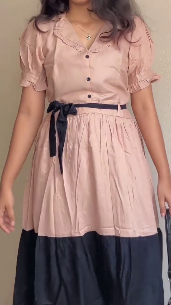 Peach & Black Contrast Belted Midi Dress