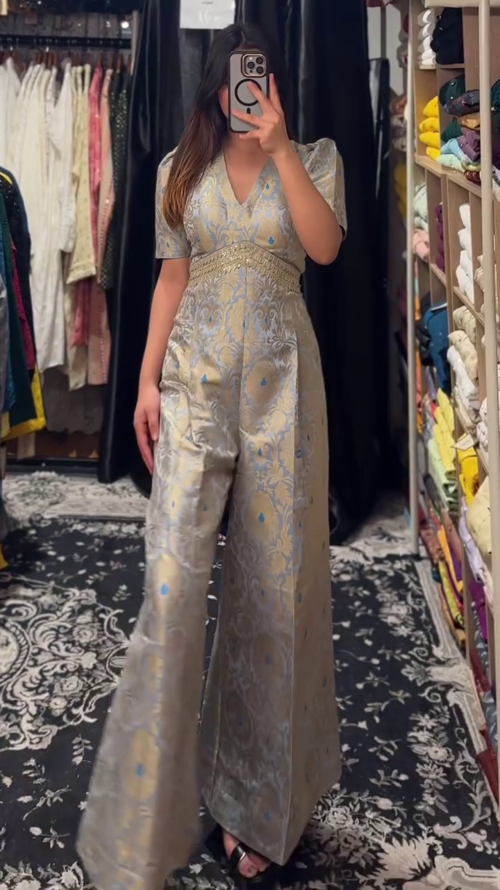 Regal Brocade Jumpsuit in Silver & Sky Blue - Image 2
