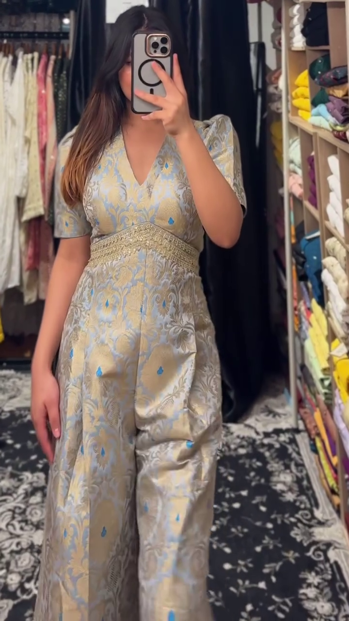 Regal Brocade Jumpsuit in Silver & Sky Blue - Image 4