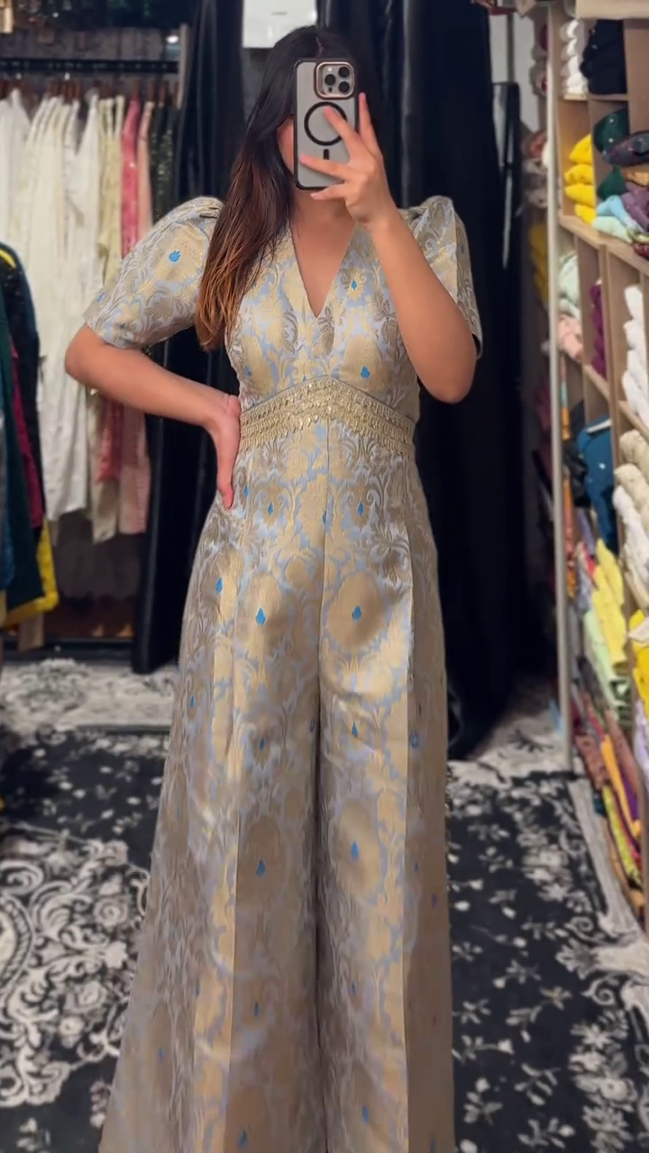 Regal Brocade Jumpsuit in Silver & Sky Blue - Image 3